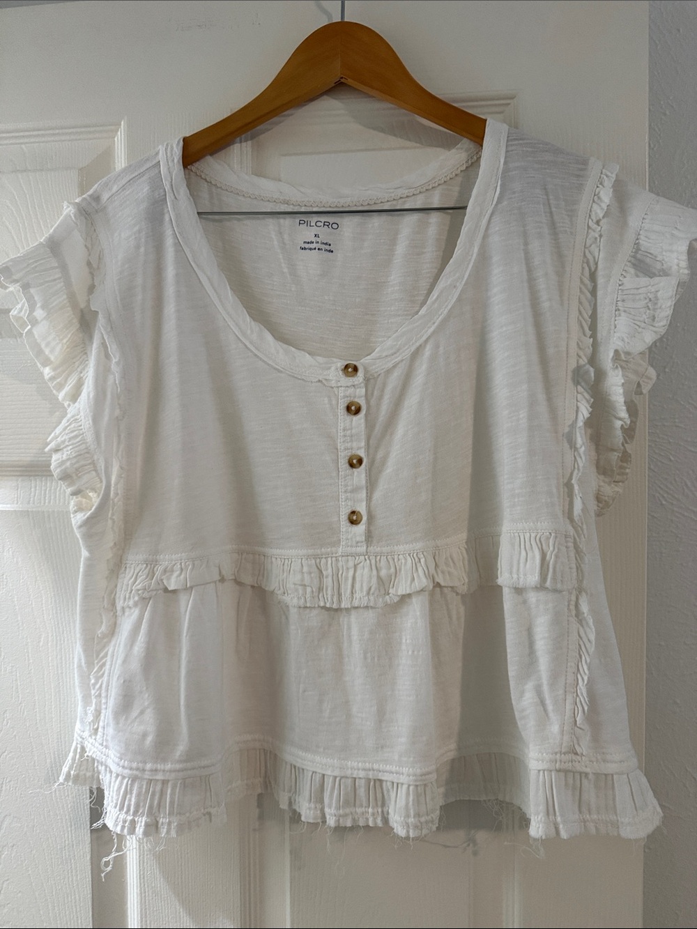 Pilcro White Ruffle-Trim Button Henley Tunic